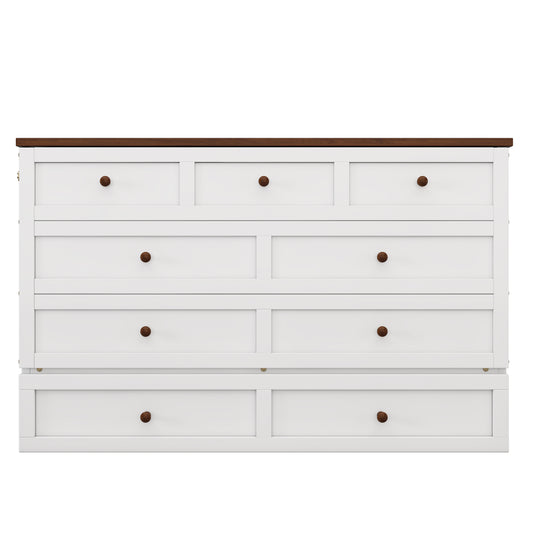 Solid Pine Murphy Bed Chest with Charging Station and Large Storage Drawer for Home Office or Small Room , Queen, White+Walnut