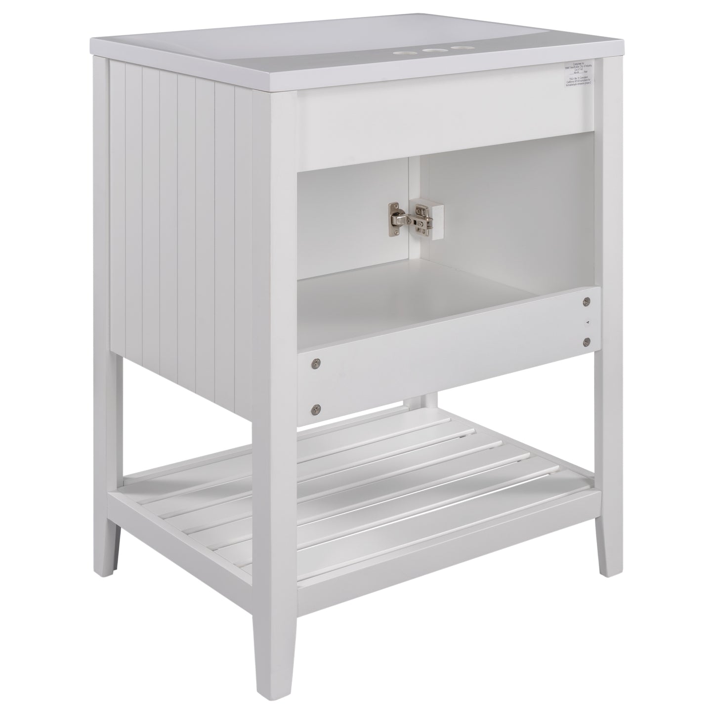 White Modern Sleek Bathroom Vanity Elegant Ceramic Sink with Solid Wood Frame Open Style Shelf