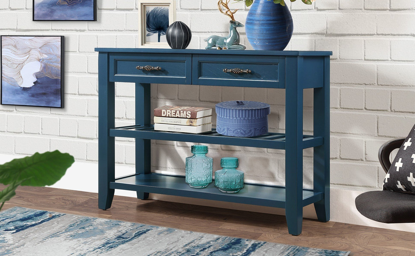 Console Sofa Table with 2 Storage Drawers and 2 Tiers Shelves Mid-Century Style 42'' Solid Wood Buffet Sideboard Navy Blue