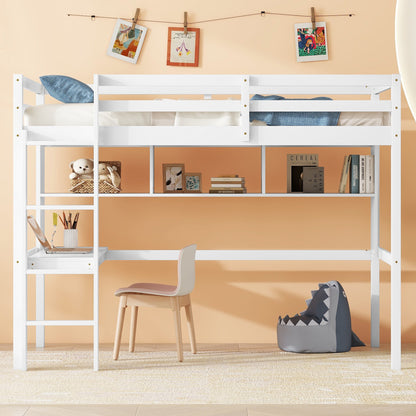 Twin Loft Bed with built-in desk and bookcase of three compartments, Guardrails and Ladder,White