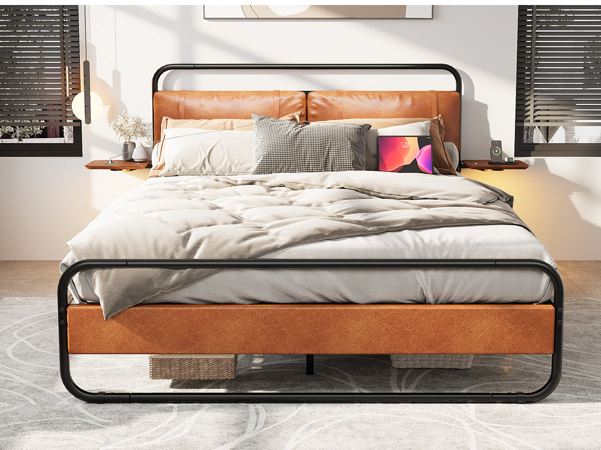 King Size Metal Bed Frame with Upholstered Headboard, with wireless charging and USB A & USB C, Touch LED light Vintage Brown