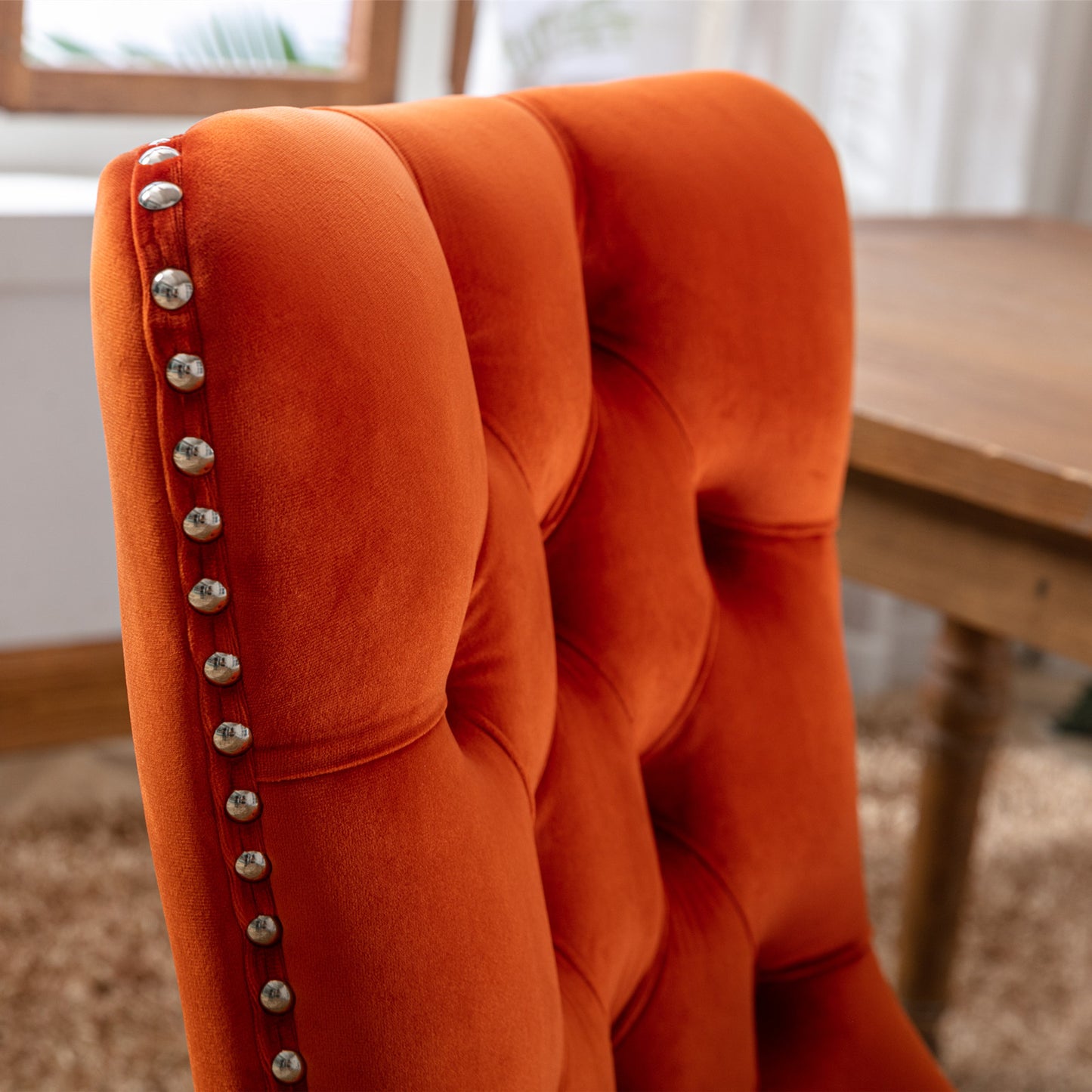 High-end Tufted Solid Wood Contemporary Velvet Upholstered Dining Chair with Wood Legs Nailhead Trim 2-Pcs Set Orange