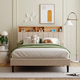 Full Size Upholstered Platform Bed with Storage Headboard and USB Port, Linen Fabric in Beige