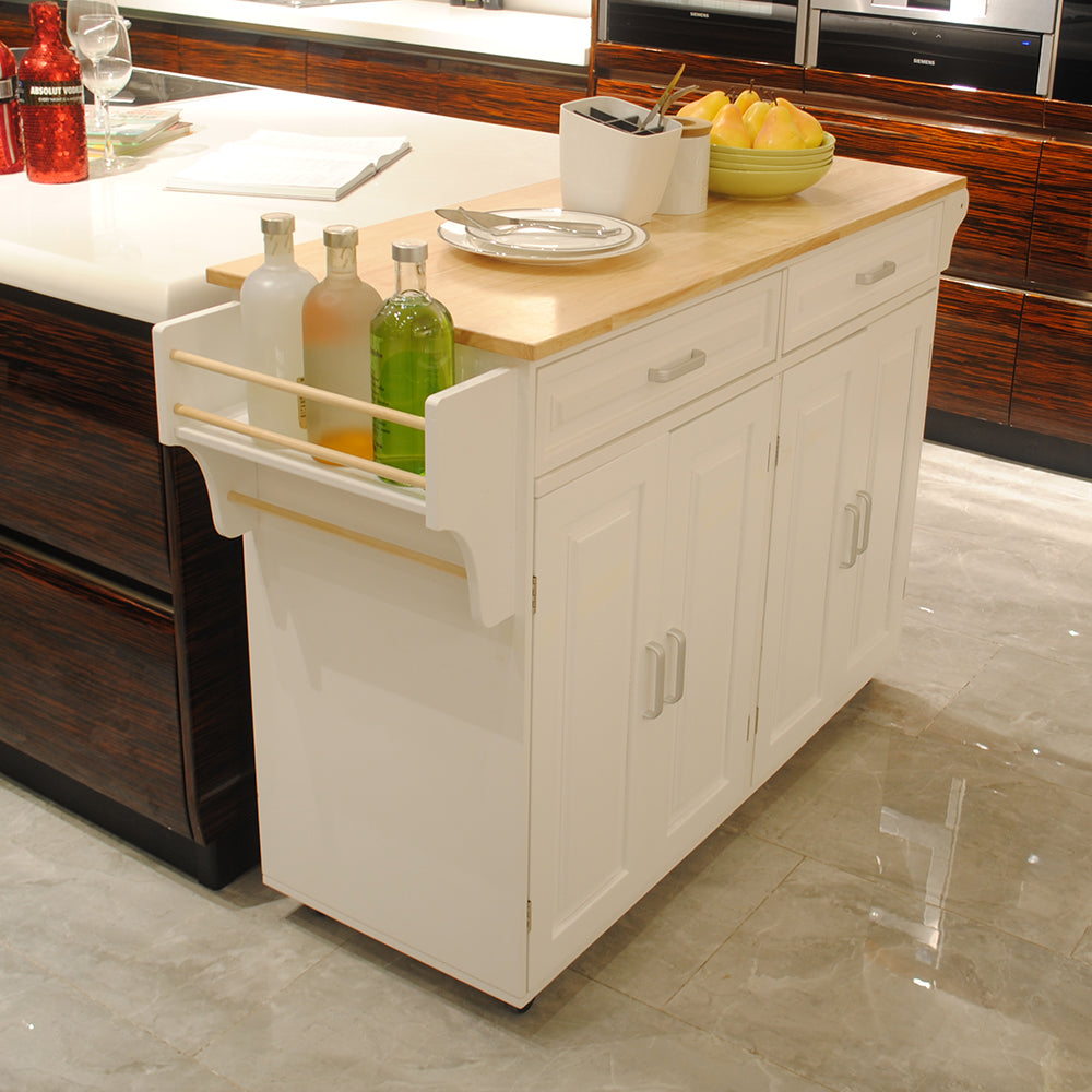 Kitchen Island and Cart, Mobile Design with Rubber Wood Leaf Countertop and Storage Cabinet