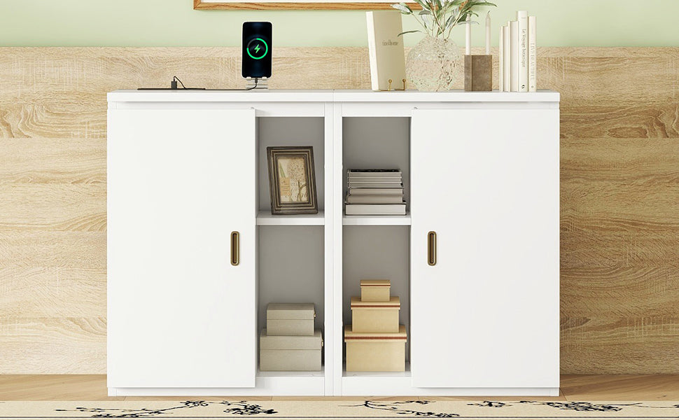 Full Size Murphy Bed with Shelves, Cabinets, and USB Ports, Space-Saving Design in White Finish