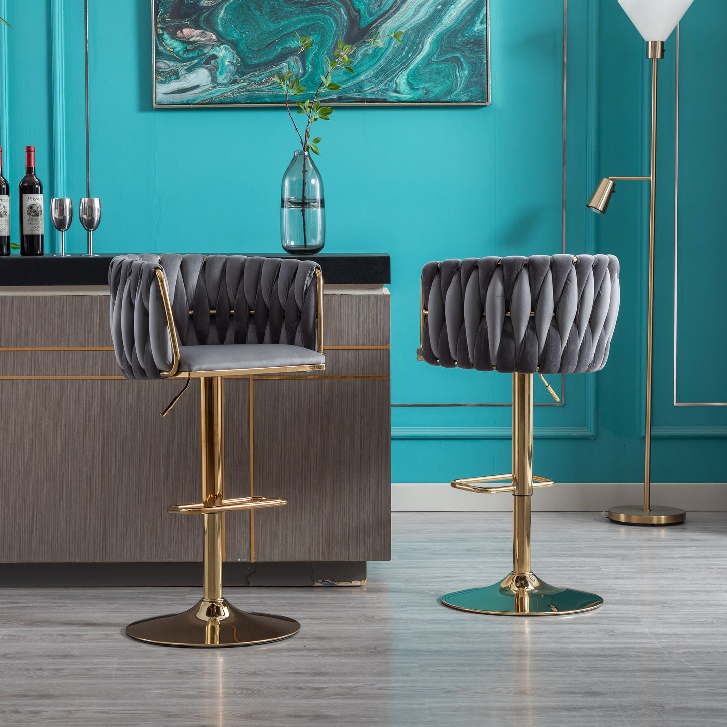 Set of 2 Bar Stools with Chrome Footrest and Swivel Base, Velvet Upholstery and Golden Legs, Grey Finish