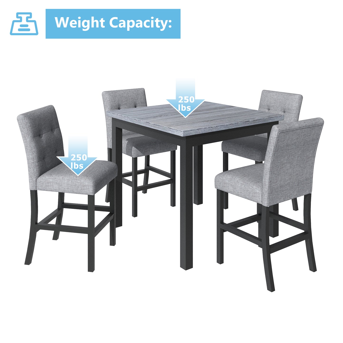 Juego de mesa de comedor de 5 piezas TOPMAX, mesa cuadrada de madera con 4 sillas altas con cojines suaves, color negro