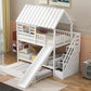 Twin over Twin House Bunk Bed with Trundle and Slide Storage Staircase Roof and Window Design  White