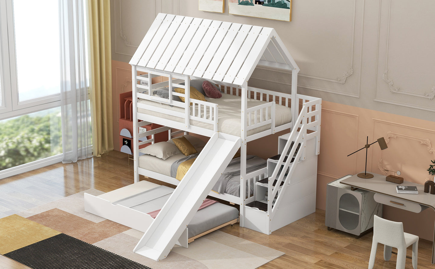 Twin over Twin House Bunk Bed with Trundle and Slide Storage Staircase Roof and Window Design  White