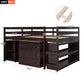 Low Study Full Loft Bed with Cabinet Shelves and Rolling Portable Desk Multiple Functions Bed- Espresso