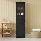 Tall Bathroom Storage Cabinet with Glass Doors, Free-Standing, Two Drawers, and Adjustable Shelves, MDF Board, Painted Black