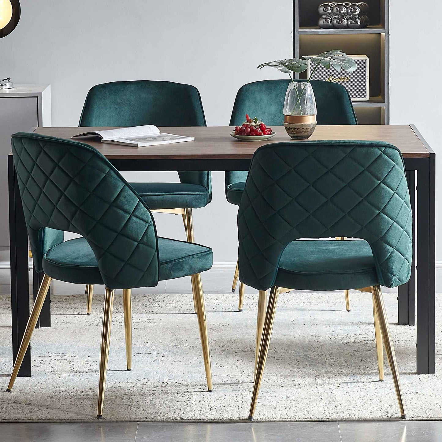 Dark Green Velvet Dining Chairs with Metal Legs and Hollow Back, Set of 4 for Modern Dining Rooms