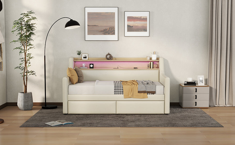 Twin Size Daybed with Storage Drawers, Upholstered Daybed with Charging Station and LED Lights, Beige