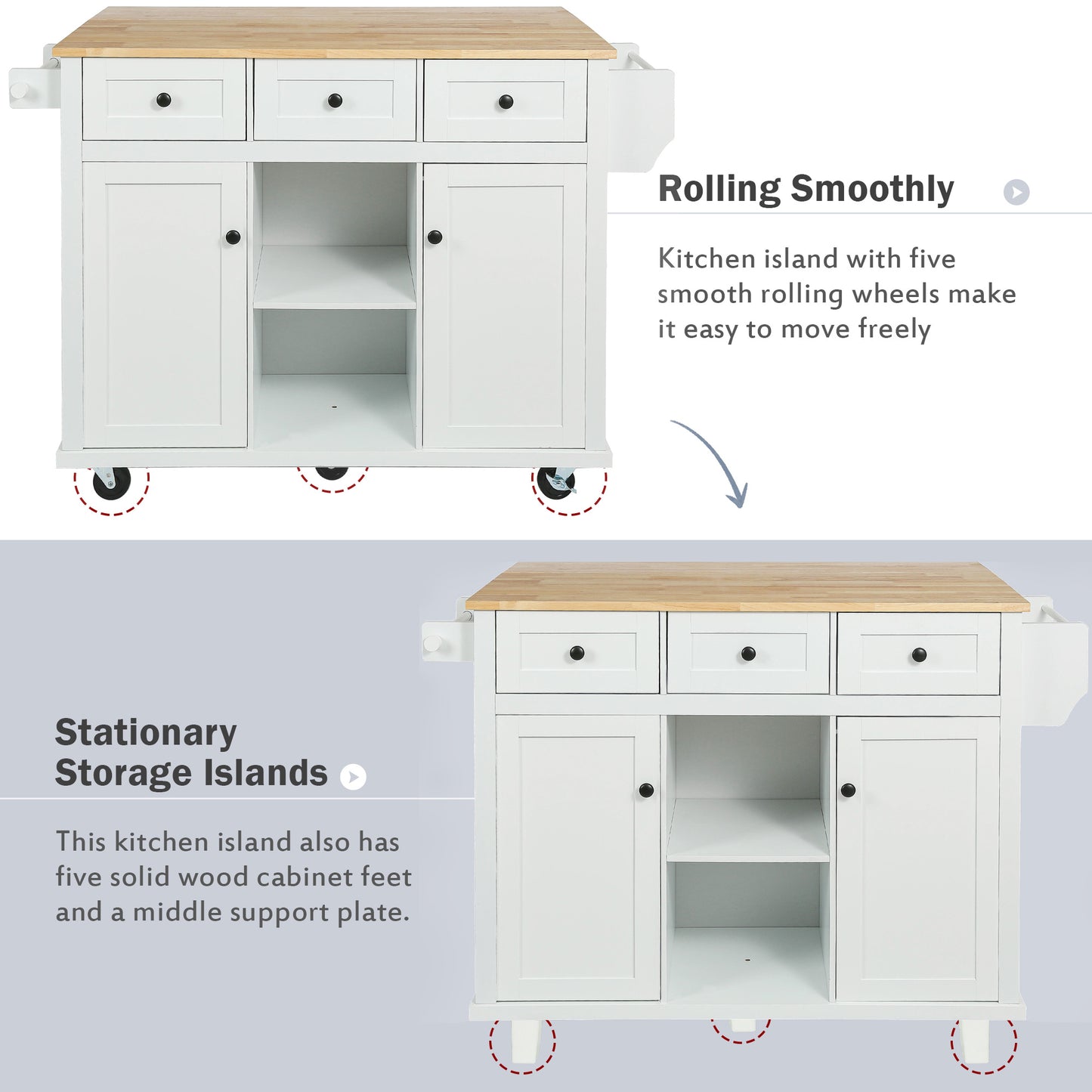 Kitchen trolley with rubber wood leaf countertop, 5-wheel kitchen island, storage cabinet and 3 dining drawers, white