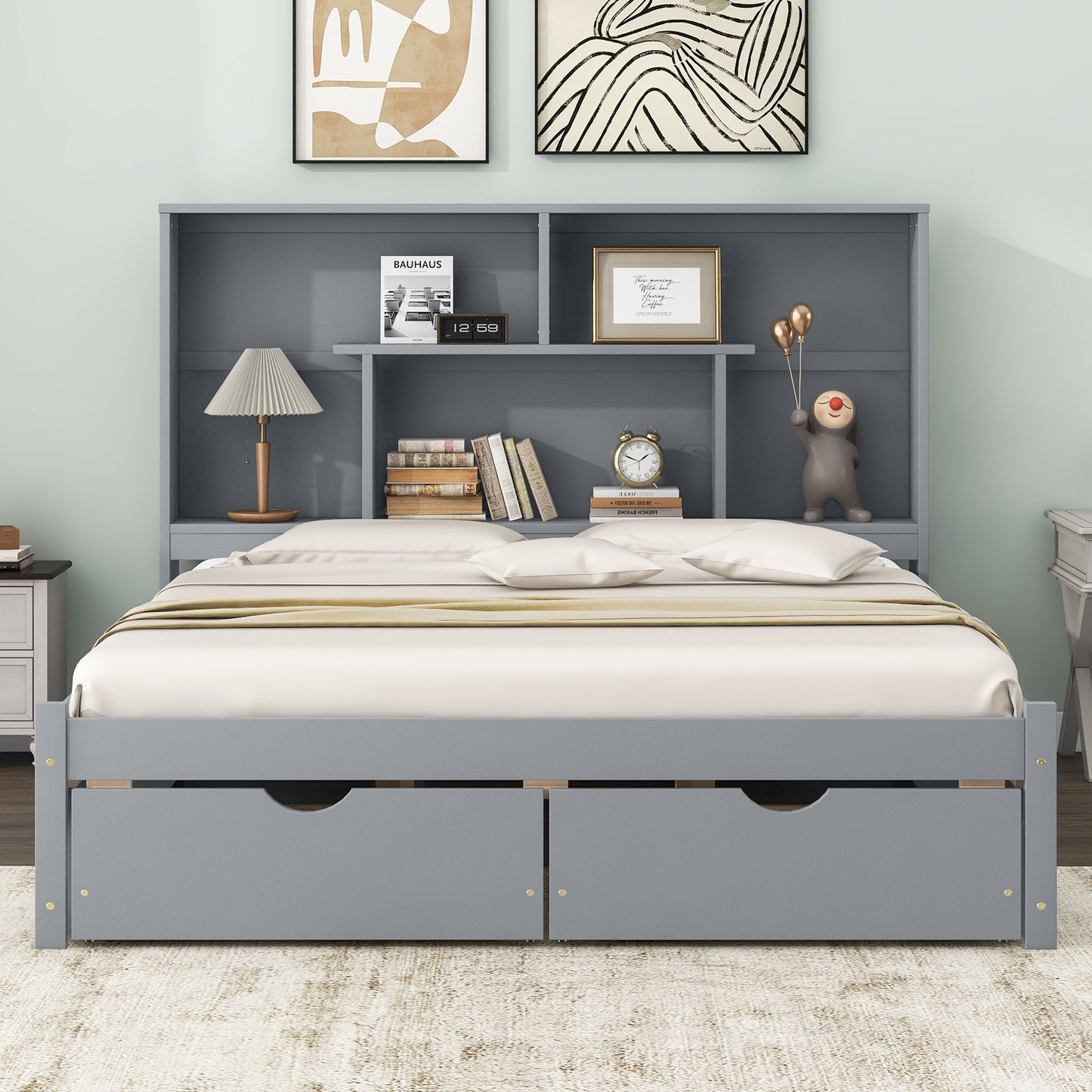 Queen Size Platform Bed with Storage Headboard and 2 Drawers, Gray