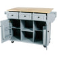 Kitchen handcart with rubber wood leaf countertop, storage cabinet, shelf, and 3 dining room drawers, gray blue