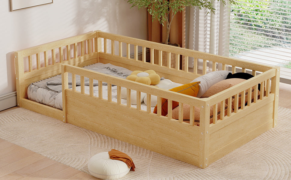 Twin Floor Bed Frame with Fence, Wood Kids Floor Beds Frame for Bedroom Playroom,Natural