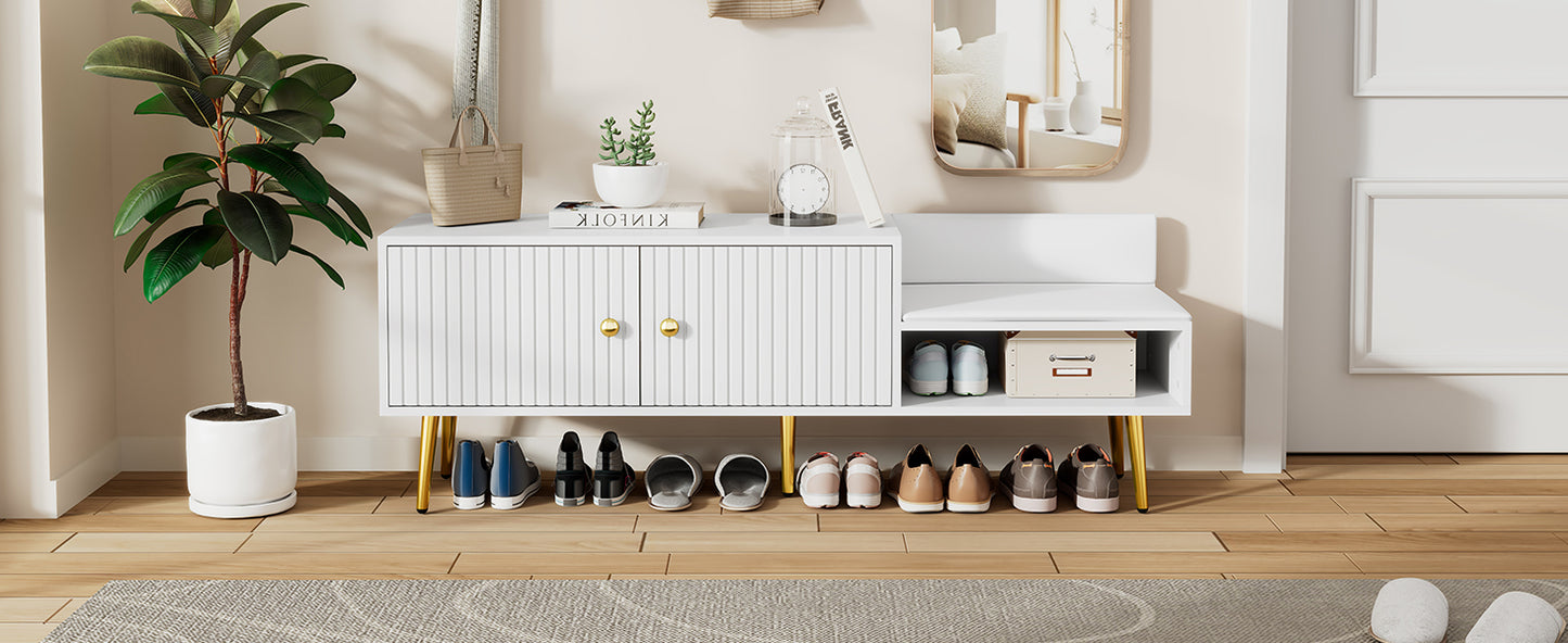 Modern Shoe Storage Bench with Hidden Storage and Upholstered Cushions, White Finish