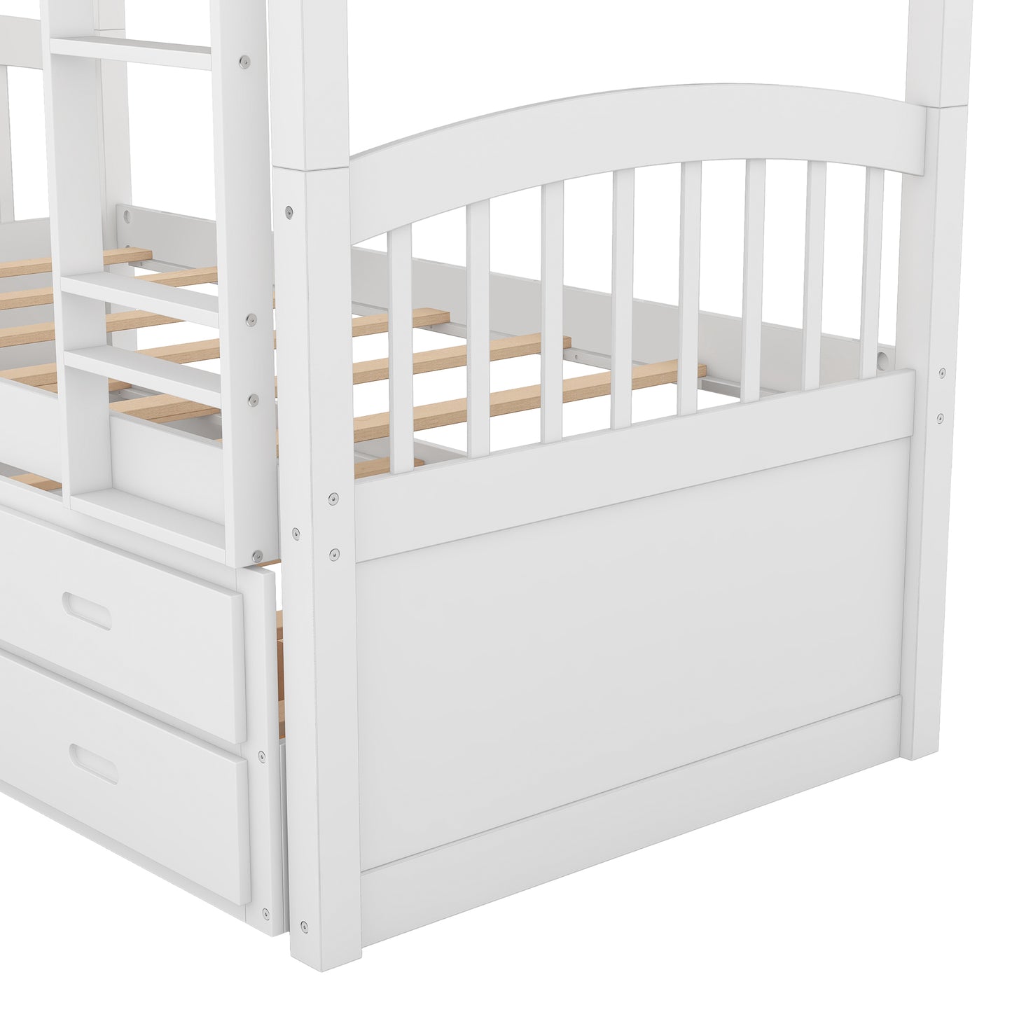 Twin over Twin Wood Bunk Bed with Trundle and Drawers White