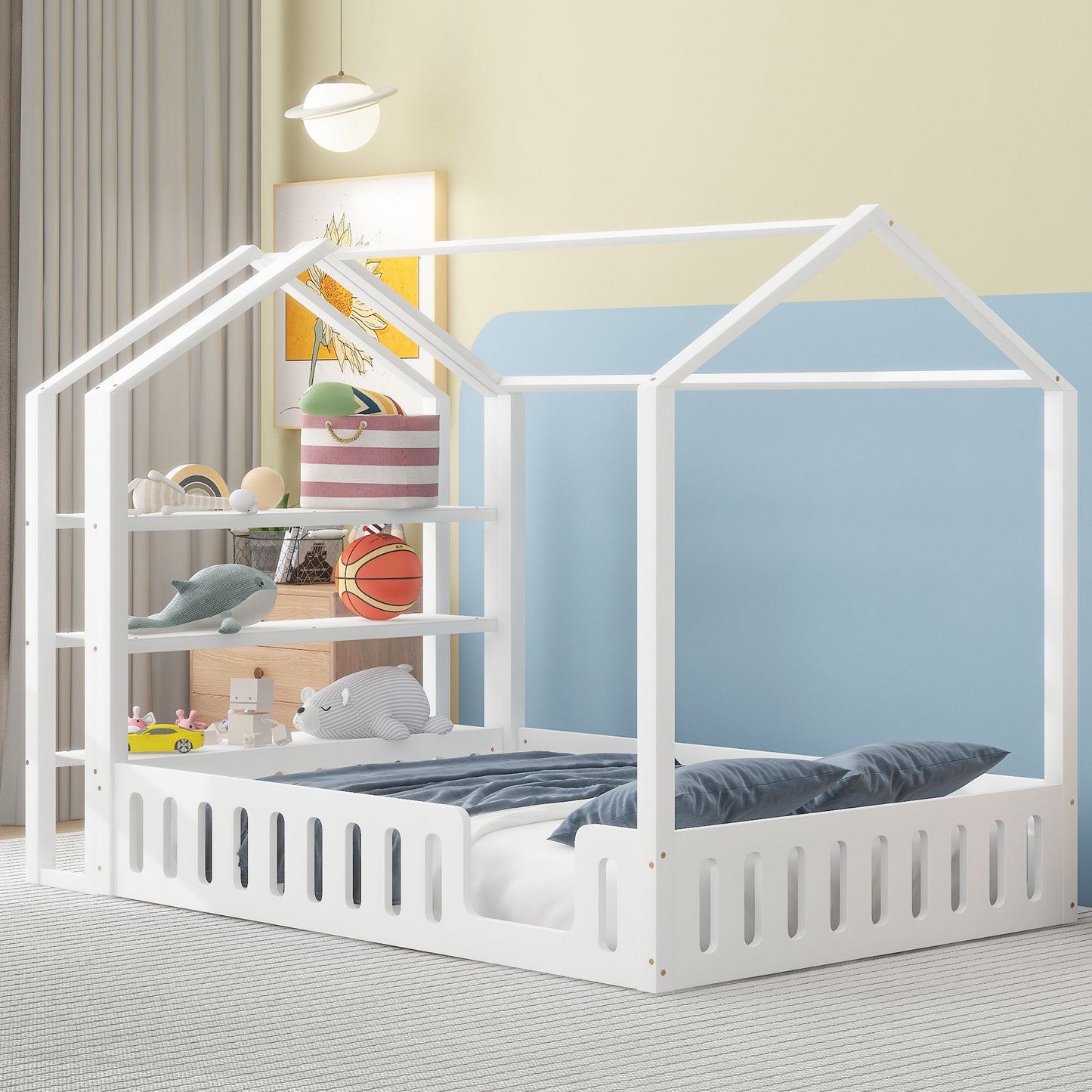 Full Size Wood House Bed with Fence and Detachable Storage Shelves, White