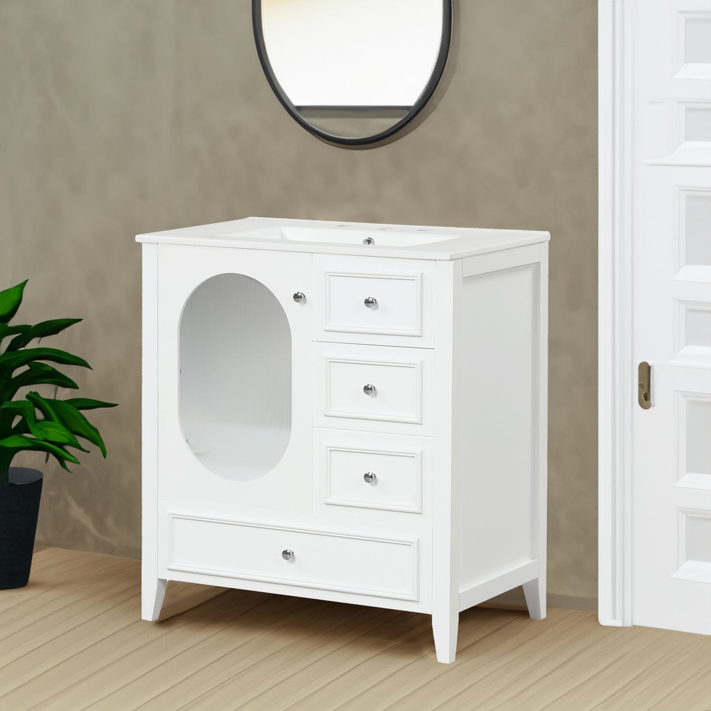 Bathroom Vanity with Sink, Bathroom Vanity Cabinet with Three Drawers and Door, Solid Wood and MDF, White