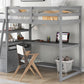 Twin Size Loft Bed with Desk and Shelves, Two Built-in Drawers, Gray