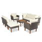 9-Piece Patio Rattan Furniture Set with Acacia Wood Legs, Washable Cushions, and Coffee Table, Beige