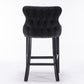 Velvet padded wing back bar stool with button cluster decoration and wooden leg chrome nail head decoration 2-piece set (black)