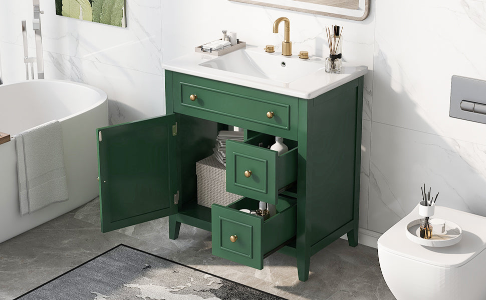 Mueble de baño de 30" con encimera de lavabo, armario de madera maciza con puerta y dos cajones, color verde