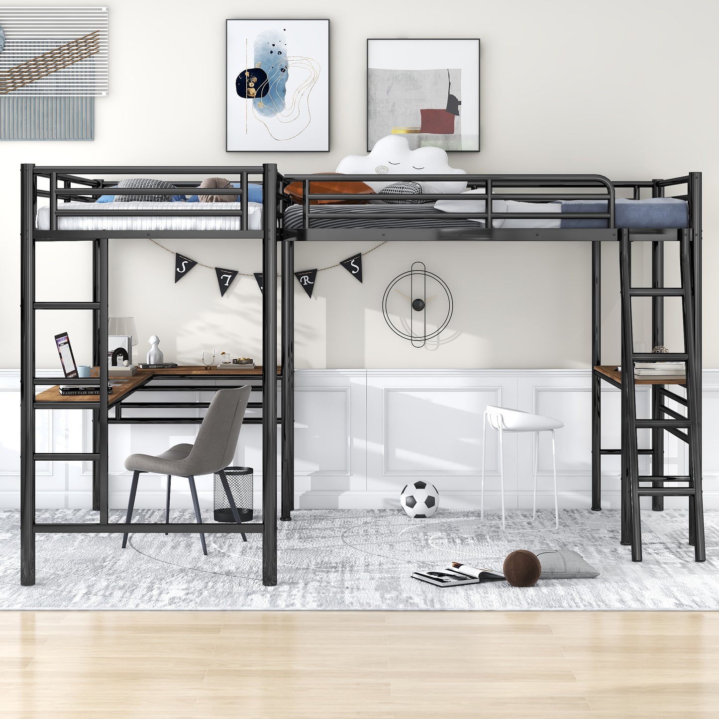 Twin Size Metal Loft Bed with Two Built-in Desks Black