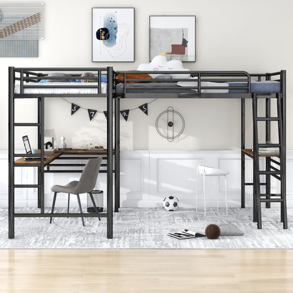 Twin Size Metal Loft Bed with Two Built-in Desks Black