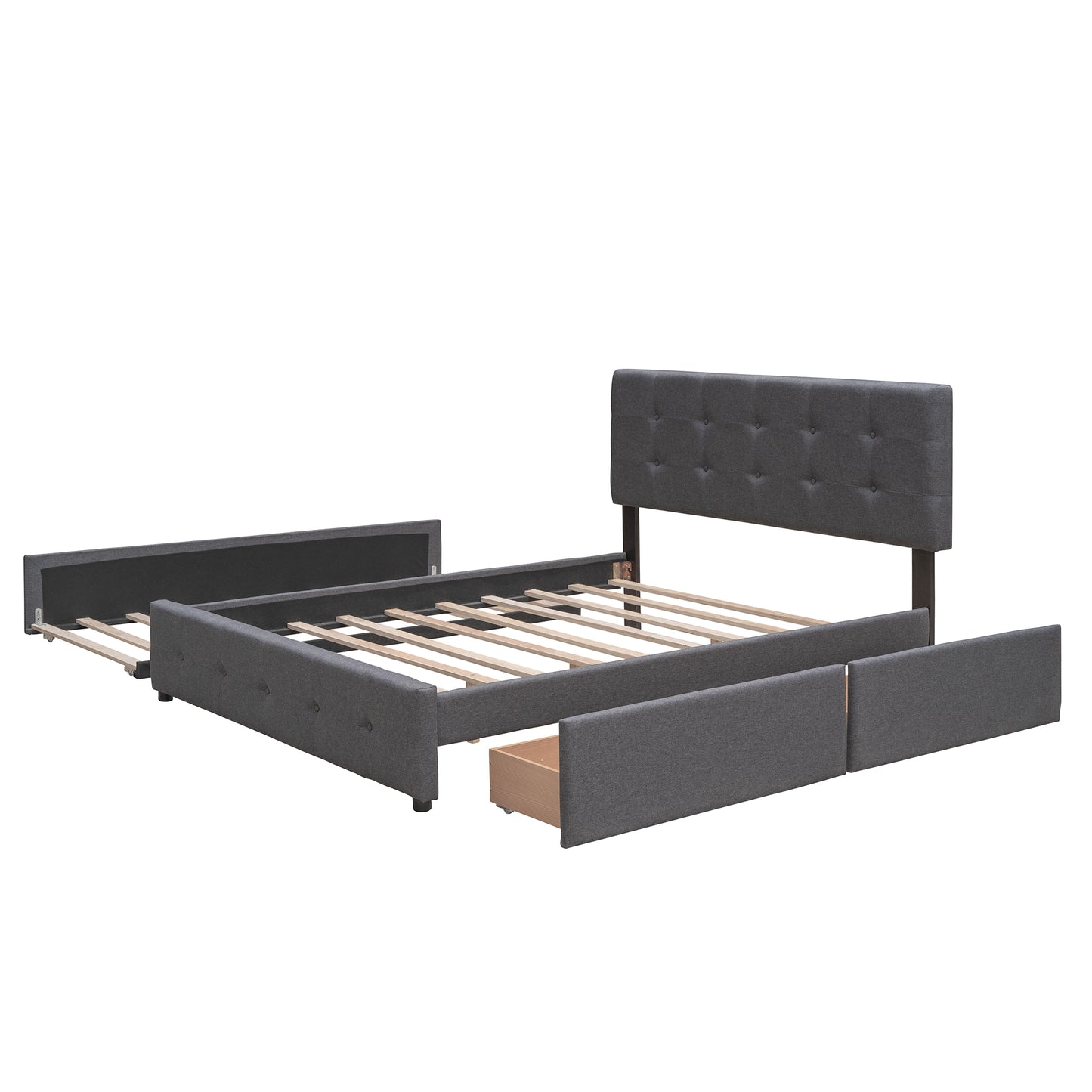 Upholstered Platform Bed with 2 Drawers and 1 Twin XL Trundle Linen Fabric Queen Size - Dark Gray