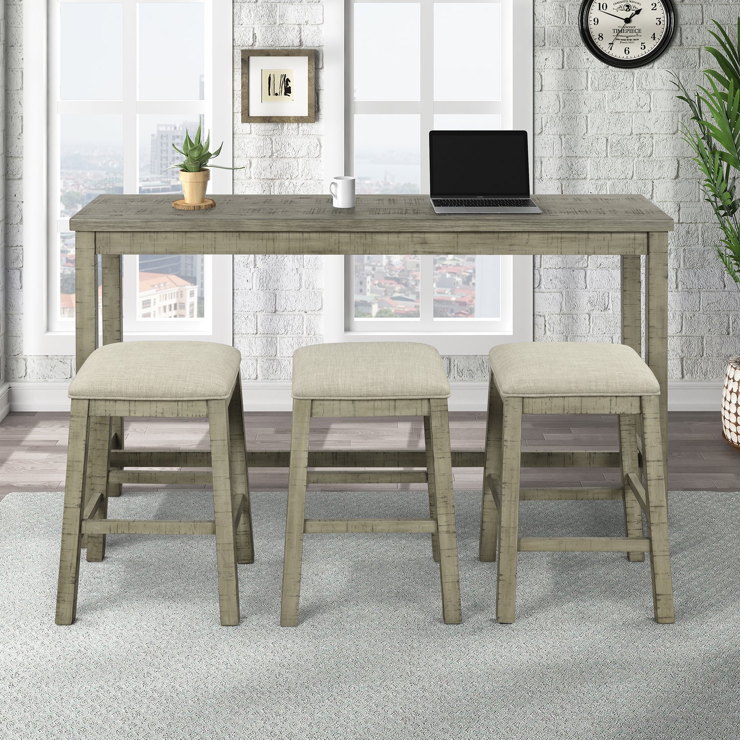 TOPMAX 4-Piece Counter Height Table Set with Fabric Padded Stools, Rustic Bar Dining Set in Gray Green