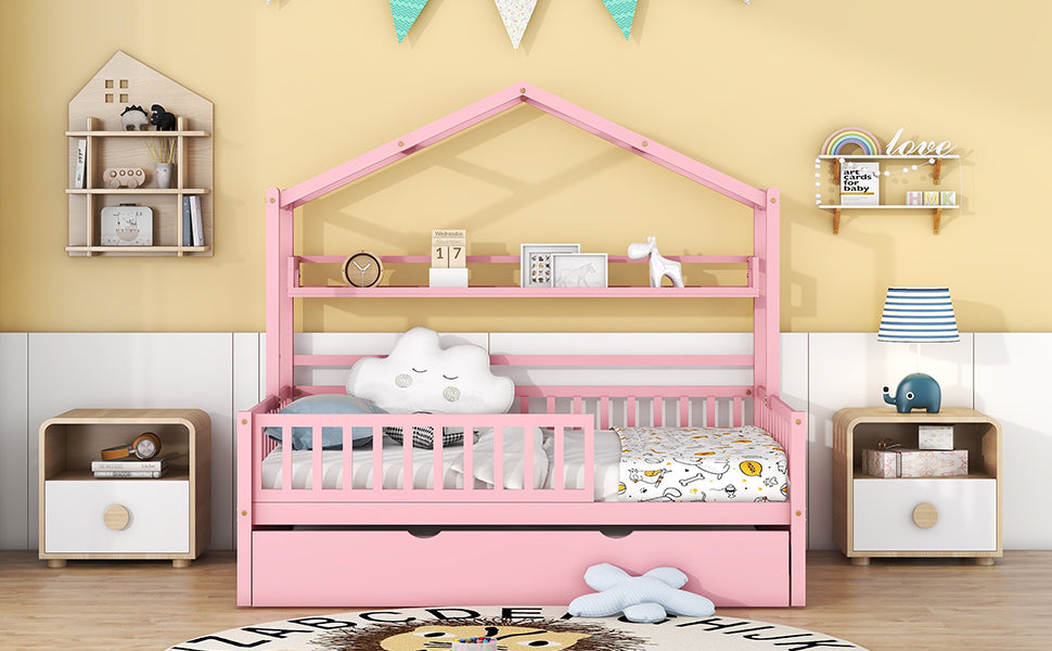 Wooden Full Size House Bed with Twin Size Trundle Kids Bed with Shelf Pink