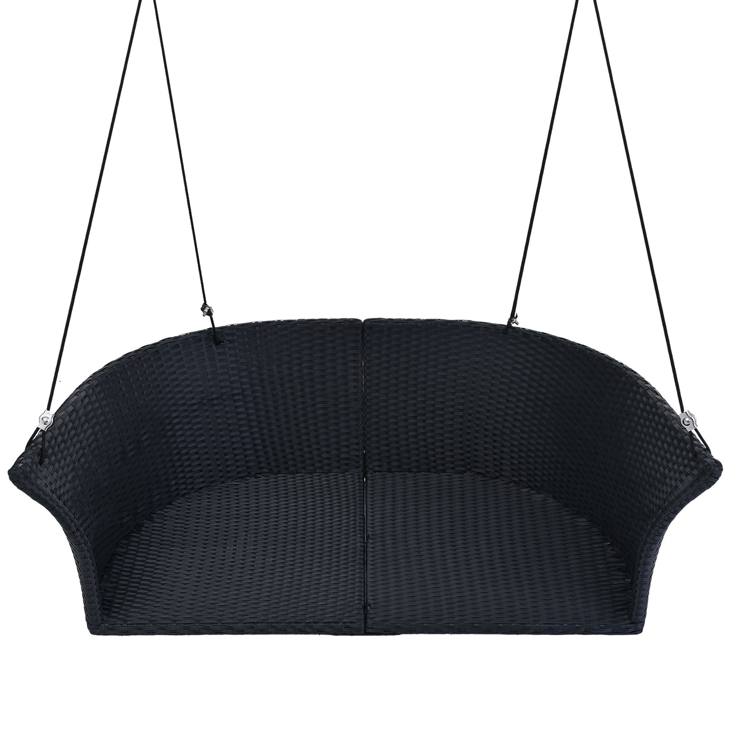 2-Person Hanging Seat, Rattan Woven Swing Chair, Porch Swing With Ropes, Black Wicker And White Cushion