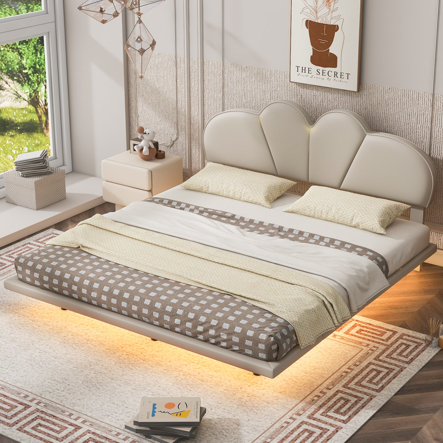 Queen Size Upholstery LED Floating Bed with PU Leather Headboard and Support Legs,Beige