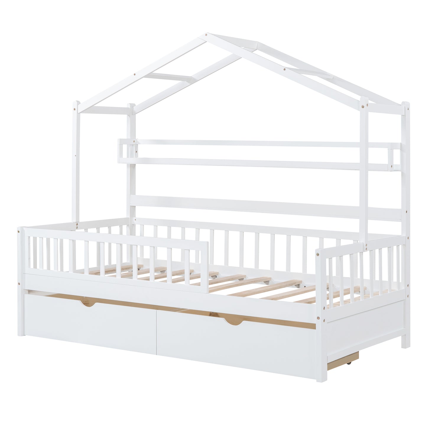 Wooden Twin Size House Bed with 2 Drawers Kids Bed with Storage Shelf White