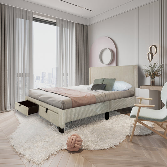 Cama Queen de pana y terciopelo con cajón de almacenamiento en el pie de cama y diseño de respaldo alto en beige y blanco