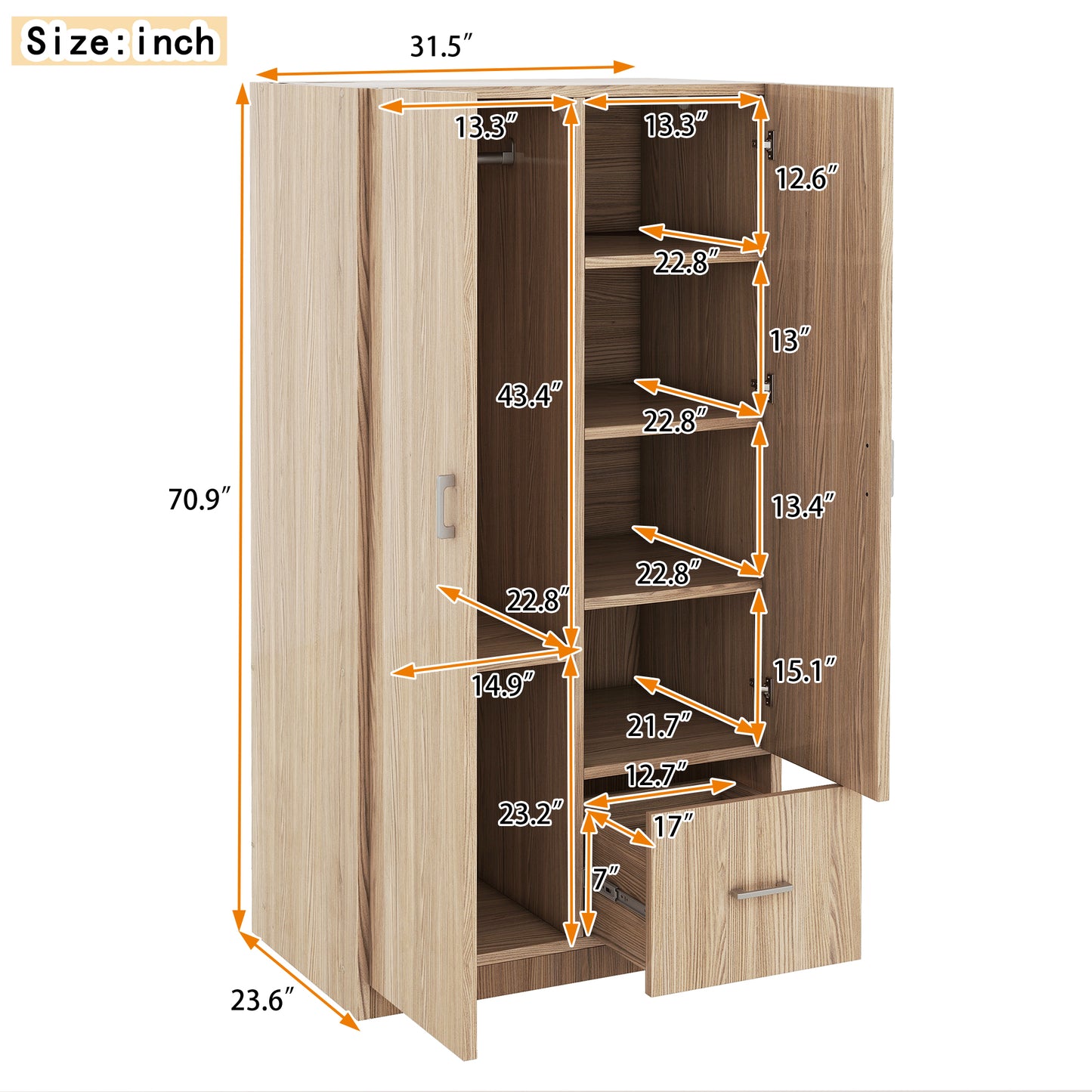 Armario de madera con puertas dobles, armario con barra para colgar, 5 estantes fijos y 1 cajón, acabado natural