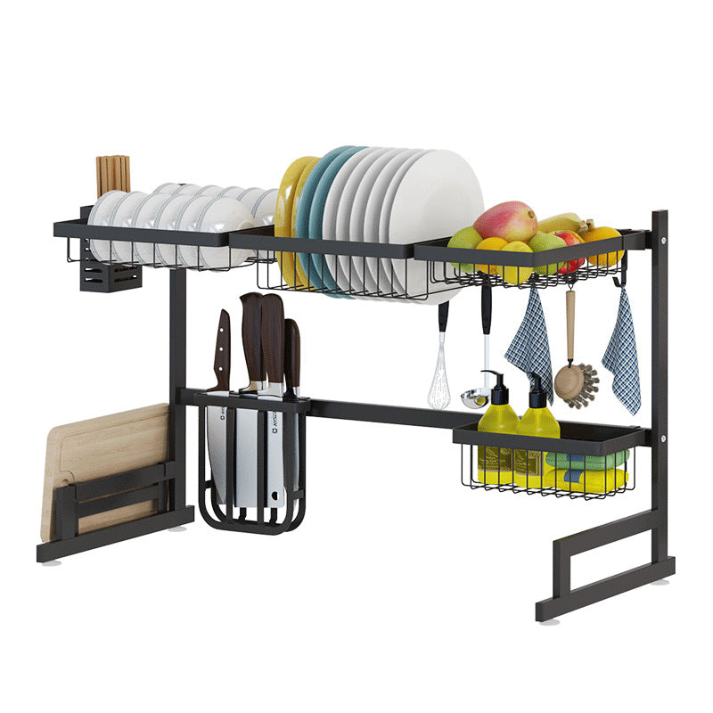 Escurridor de platos de cocina de acero inoxidable negro de 65/85 cm con forma de U, soporte de almacenamiento de cocina de dos capas