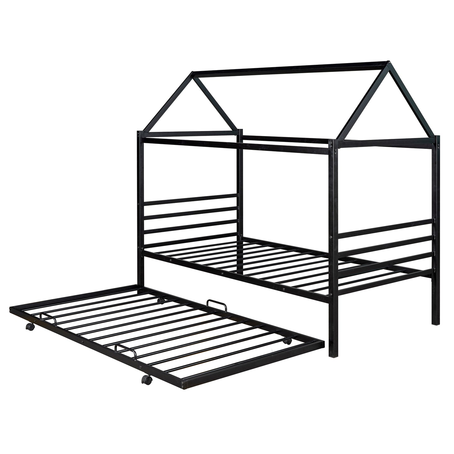 Twin Size Metal House Shape Platform Bed with Trundle Black