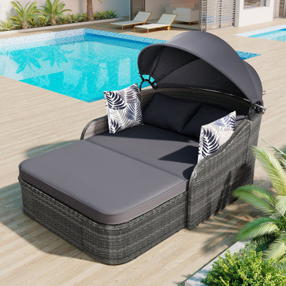 GO 79.9" Outdoor Sunbed with Adjustable Canopy, Double Lounge in Gray Wicker and Cushion