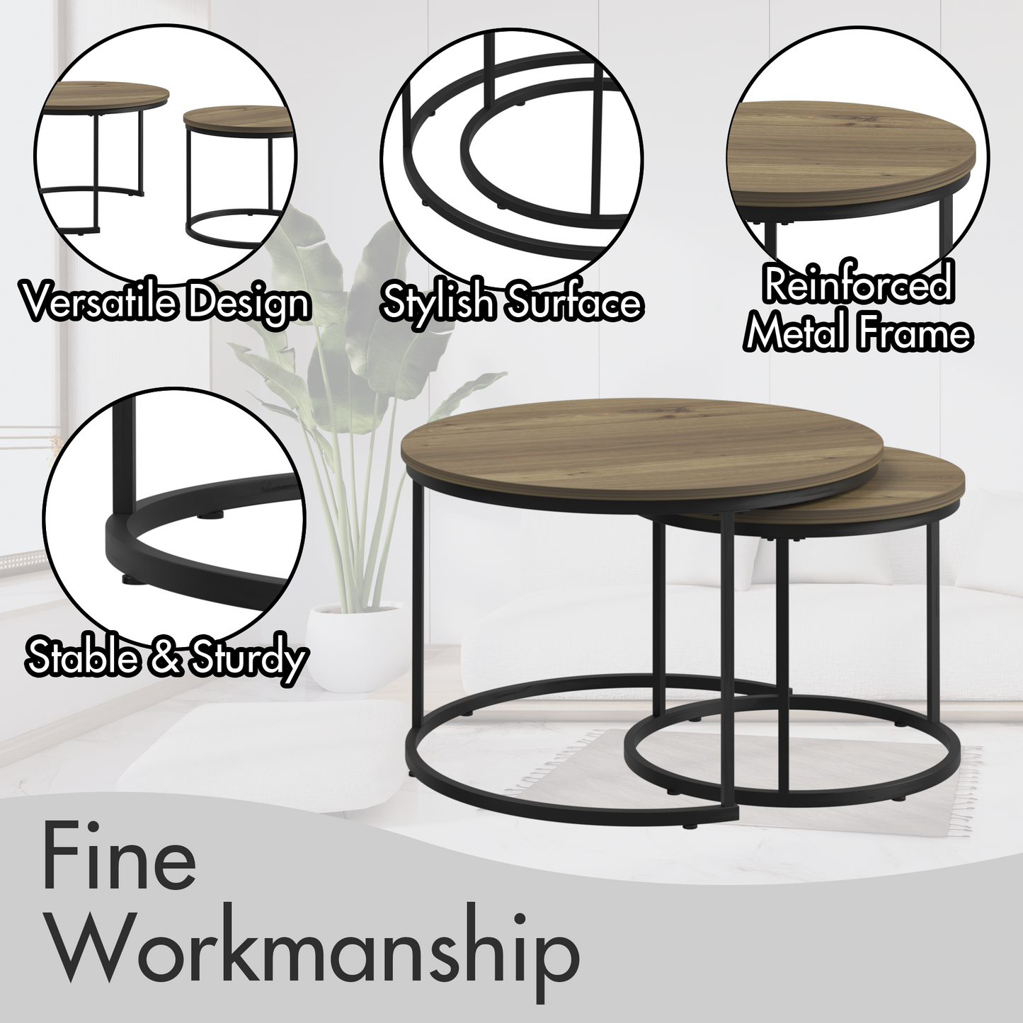 A set of nested coffee tables, 27.6-inch round coffee table, industrial wood veneer, with sturdy metal frame (brown)