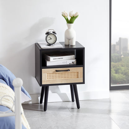 Rattan End table with drawer and solid wood legs Modern nightstand side table for living room black