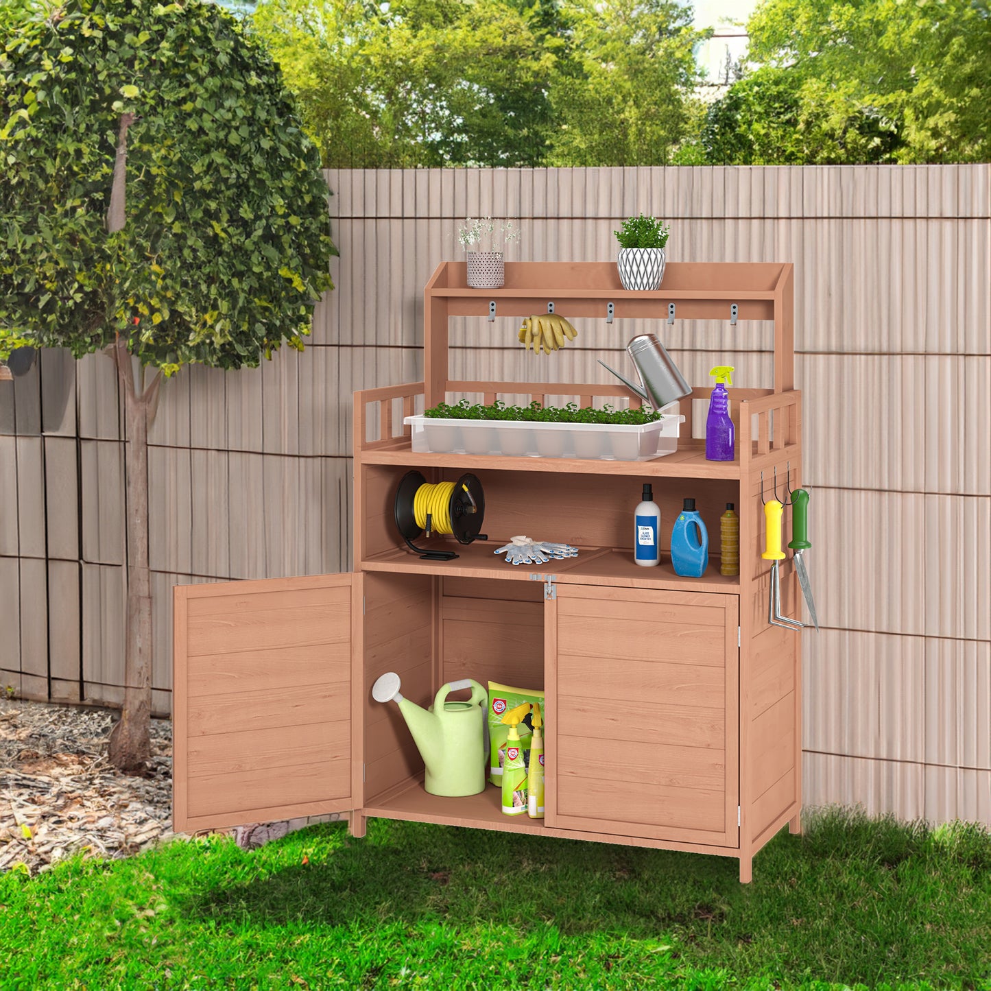 Outdoor gardening workbench with large storage cabinets and a rooftop terrace