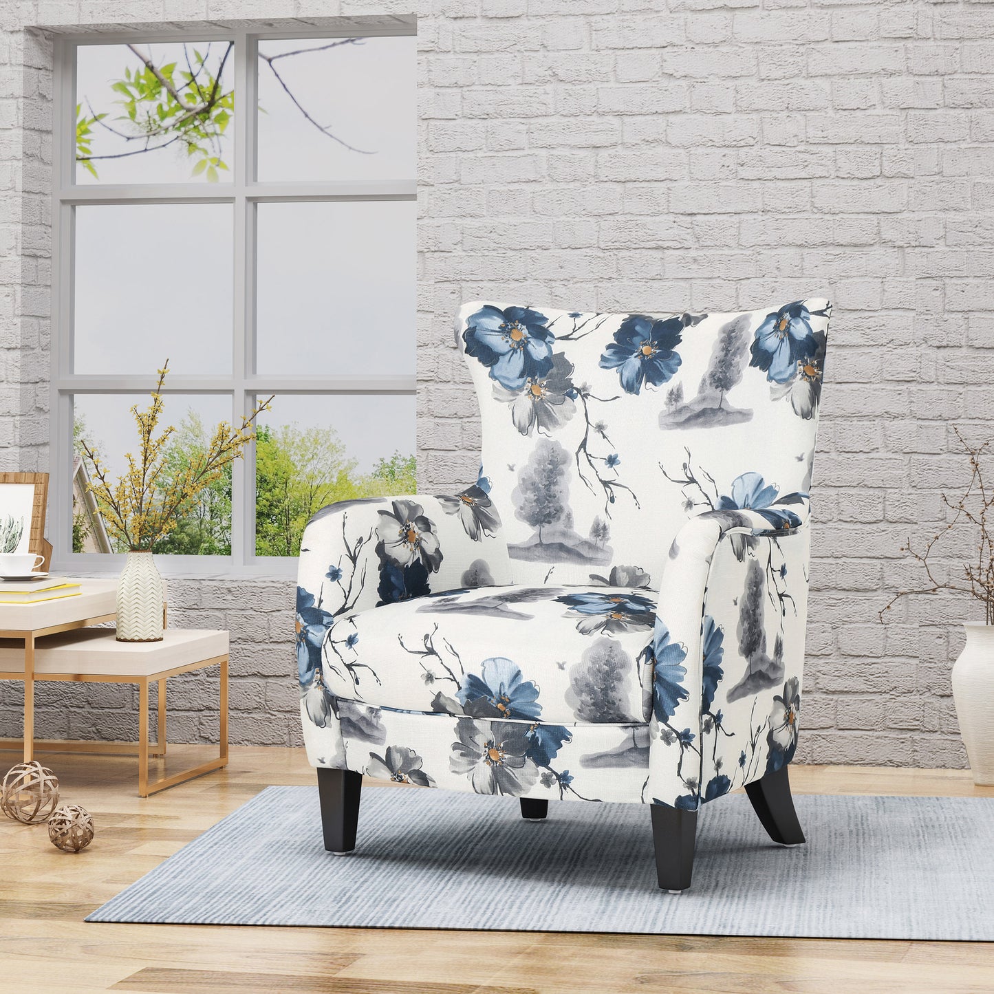 Modern Retro Printed Fabric Club Chair, White and Blue Patterned Armchair for Living Rooms