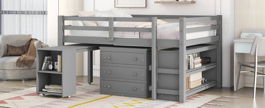 Low Study Full Loft Bed with Cabinet Shelves and Rolling Portable Desk Multiple Functions Bed- Gray