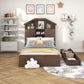 Twin Size Wood Platform Bed with House-shaped Storage Headboard and 2 Drawers Walnut