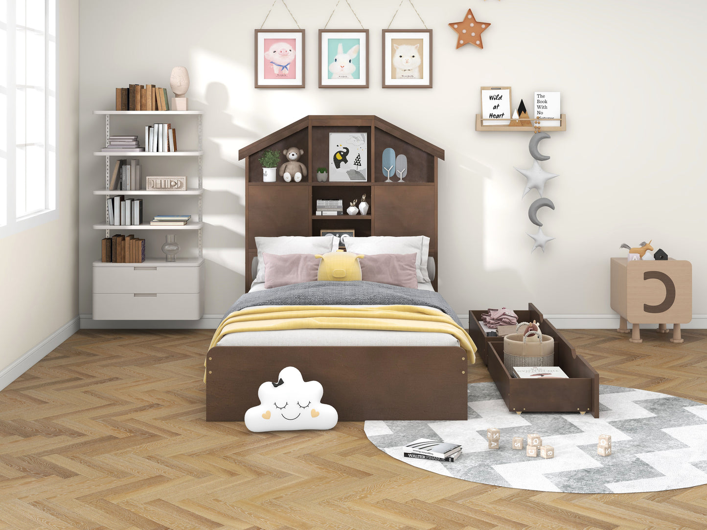 Twin Size Wood Platform Bed with House-shaped Storage Headboard and 2 Drawers Walnut