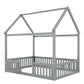 Full Size Wood House Bed with Fence and Door, Gray